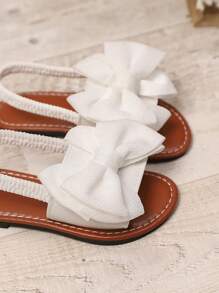 1 par de sandalias planas blancas de talla grande para niñas bebés/niñas pequeñas, con decoración de lazo de malla de unicolor, correa elástica en la parte trasera, punta redonda, suela antideslizante y ligera, estilo gladiador de moda para el verano, adecuadas para niñas de 3 a 15 años para uso diario, fiestas y viajes