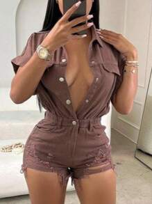 SHORT SLEEVE CARGO ROMPERS - Brown - View 1