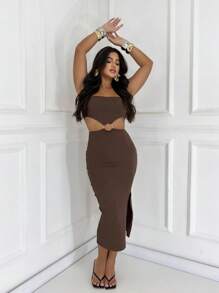 Women's Midi Dress With Strapless Slit And Silver Metal Detail - Rust Brown - View 4