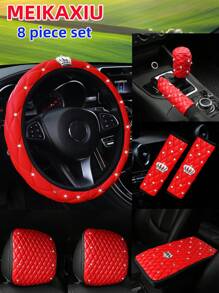 MEIKAXIU 8 件/套 PU 皮革人造羊皮纹理刺绣皇冠闪亮钻石汽车方向盘套、肩垫、扶手套、手刹套、换档旋钮套、头枕垫、汽车内饰配件，适用于女士 - 8pcs - 查看 6