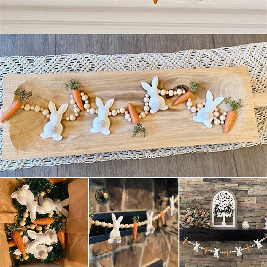 Easter Rabbit Carrot Garlands, Wooden Beads Rabbit Hanging Banners Spring Ornaments For Home - 彩色 - 查看 1