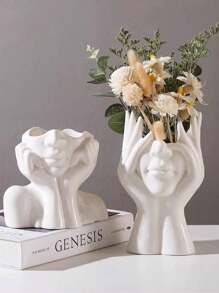 1pc White Ceramic Face Vase,Makeup Brush Storage Bucket, Female Form Head Half Body Bust Vases Boho Minimalism Decorative Modern Nordic Style Flower Vase For Home Living Room Office Decor