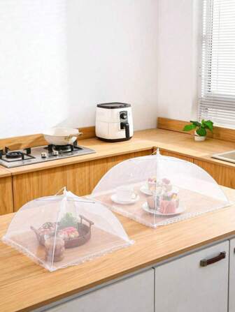 1pc White Foldable Mesh Food Cover Net For Dining Table, Anti-Fly Dustproof Kitchen Outdoor Picnic Dish Cloche
