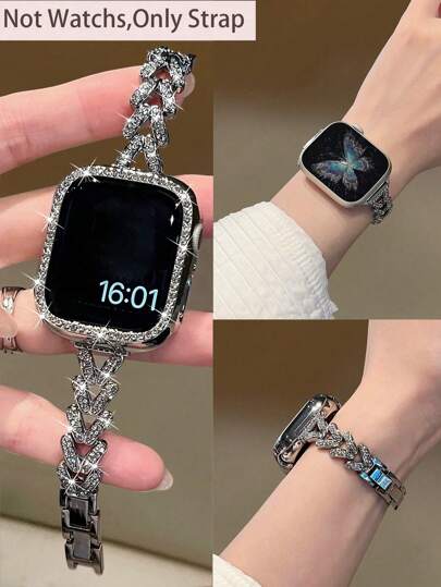 1 pieza Compatible con la correa del , correa de metal de aleación de zinc con diamantes de imitación plateados para mujer, diseño en forma de V con espigas y corazón, decorada con brillantes diamantes de imitación, que muestra un estilo lujoso, compatible con Apple Watch 38/40/41/42/44/45/46/49mm, compatible con Apple Watch Series Ultra/SE/10/9/8/7/6/5/4/3/2/1, accesorio de smartwatch, regalo para mujer