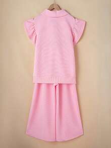 Acelitt Setelan Atasan Crop Top Rajut Warna Polos dengan Lengan Ruffle dan Resleting serta Celana Panjang Lebar untuk Musim Panas, Kasual untuk di Rumah dan Luar Ruangan, Warna Pink Elegan - Berwarna merah muda - View 6