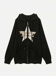 Women Hoodie Long Sleeve Hooded Embroidery Star Letters Sweatshirt Casual Jacket Outwear With Pockets - Black - View 2