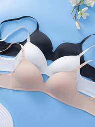 Set de 3 sujetadores inalámbricos para mujer - Sin costuras y cómodos, de tela suave y transpirable, sin alambres y con tirantes desmontables, de unicolor adecuados para uso diario y ocasional, ropa interior suave, sujetadores de textura lisa y flexibles ajustados