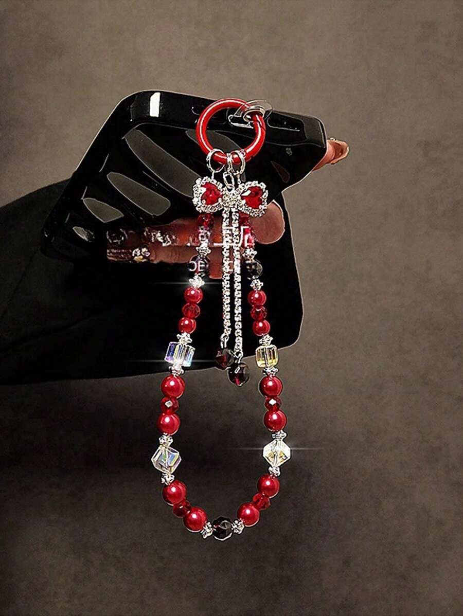 1pc Rhinestone Rhinestone Butterfly Decor Mobile Phone Chain, High Quality Crystal Bead Mix Style Car Key Chain With Transparent Pad Gifts For Mother, Family, Friends, Birthday, Holiday Phone Charm