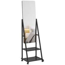 HOMCOM Free Standing Full Length Mirror, Rolling Full Body Mirror With Adjustable Angle, 2 Storage Shelves And 4 Wheels For Bedroom, Living Room, Hallway, Black - Black - View 1