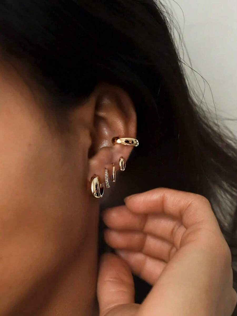17KM 10pcs Zirconia Geometric Metal Hoop Earrings Set For Women, Suits For Vacation, Date, Daily, Wedding, Birthday, Christmas Gift - Yellow Gold - View 1