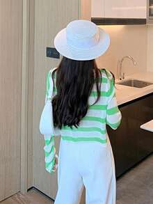 女士条纹长袖轻质针织防晒衬衫，高腰短款露腹上衣，夏季 - 綠色 - 查看 2