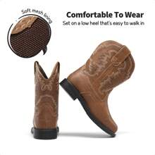 Kids Boys Girls Cowboy Boots Western Square Toe Riding Mid Calf Knee High Boots - Brown - View 7