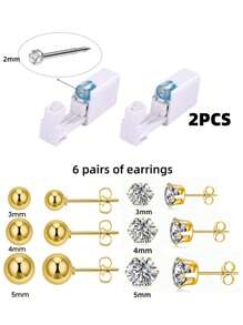 14pcs/Set Sterile Ear Piercing Kit, (2pcs Ear Piercer + 6pcs White Zirconia Gold Earrings + 6pcs Gold Bead Earrings), Disposable Low-Pain Ear Cartilage Piercing Gun With Built-In Ear Studs, Ear Beauty Tools & Accessories For Both Men And Women