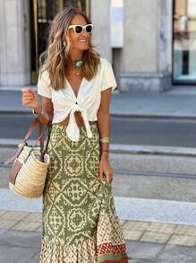 Falda holgada de línea A para mujer, falda larga con estampado floral y volantes en el bajo, casual y elegante, adecuada para uso diario, vacaciones, viajes y actividades al aire libre