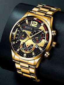 3 件/套男士时尚手表套装：不锈钢表带、圆形表壳、商务石英表、礼品