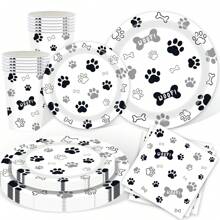 Dog Paw Party Tableware Sets Dog Puppy Supplies Including Plates Cups Napkins For Birthday Puppy Theme Party Decorations
