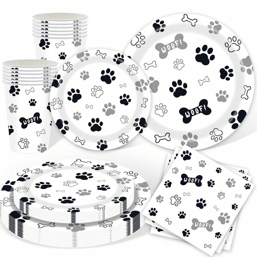 Dog Paw Party Tableware Sets Dog Puppy Supplies Including Plates Cups Napkins For Birthday Puppy Theme Party Decorations