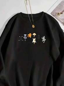 Women's Cute Printed Sweatshirt, Round Neck, Comfortable, 100% Cotton - 黑色 - 查看 2