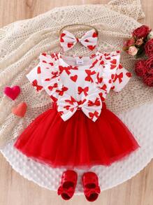 2pcs/Set Baby Girls Summer Elegant Lace Heart Bow Printing Ribbed Patchwork Double-Layer Mesh Splicing 2 In 1 Princess Tutu Dress With Bow Hair Accessory - Red - View 1