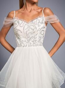 Off-The-Shoulder High-End Pearl Beaded Mesh Wedding Dress,Bride - White - View 6