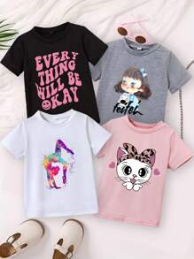 4 Teile für Mädchen, Katzen, Slogan Muster Lässig Rundhals Kurzarm T-Shirt, geeignet für Frühlings-, Sommer- und Herbstmode