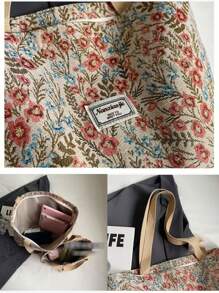 1pc Floral Print Canvas Tote Shoulder Bag, Portable Storage Commuter Bag Student Large Capacity Tote Bag, Embroidered Flower Shoulder Bag, Waterproof Canvas Travel Shoulder Bag, Suitable For Office, School, Travel, Mothers Going Out To Class Commuting Large Capacity, Portable, Suitable For Female College Students, Very Suitable For Back To School, First Day Of School, Middle School, High School, Shopping, Vacation