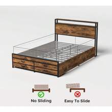 Queen Size Bed Frame With 8 Storage Drawers, LED Headboard With Charging Station, Metal Platform Bed Frame, No Box Spring Needed, Noise-Free, Stable And Solid, Brown - 棕色 - 查看 4