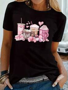 Women's Summer Casual Short Sleeve T-Shirt - Coffee Lover Graphic Print With Hearts & Floral Design, Black With Pink & White Accents, Breathable Round Neck Tee, Machine Washable, Leisure Clothing, Playful Graphic Shirt, Stretchy Fabric Shirt Printed T-Shirt - Black - View 1