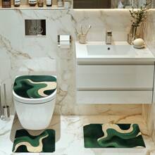 1/4pcs Green Wavy Theme Bathroom Set, Shower Curtain, Bath Mat, U-Shaped Toilet Lid Cover, Waterproof, Fashionable Curtain For Bathroom Decoration, Modern Style, Machine Washable Back To School