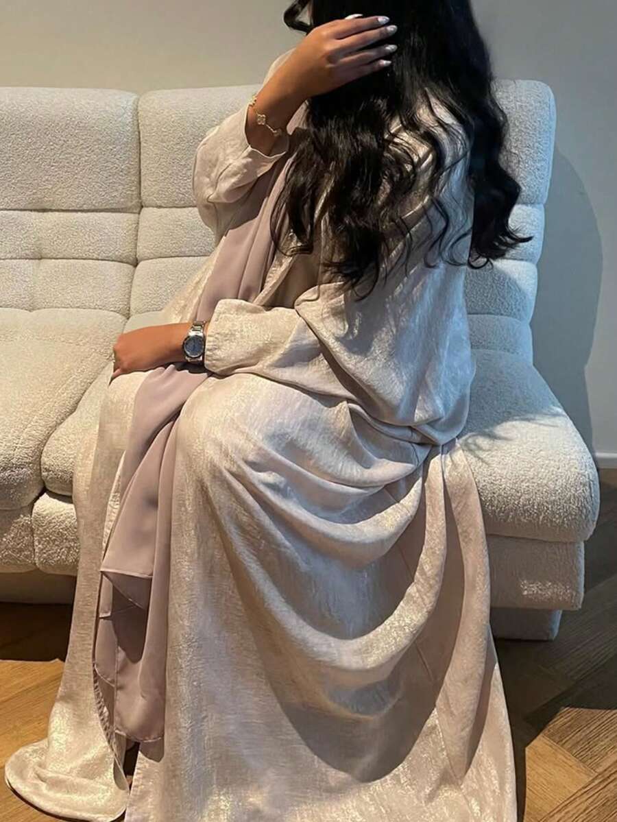 1 件优雅休闲优质纹理长袍，阿拉伯时尚开放式长袍，适合日常穿着和聚会，朴素的长袍 - 杏色 - 查看 1