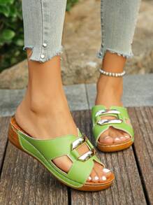 Plus Size Women's 36-45 Summer New Fashion Versatile Dusty Green Metal Buckle Open Toe Wedge Thick Bottom Sandals, Casual Outdoor Beach Holiday Slip On Comfortable Sandals