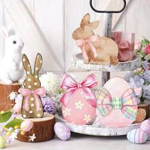 Easter Tiered Tray Decor Set 4Pcs Rustic Bunny Bow Easter Egg Wooden Signs Holiday Table Centerpieces - Multicolor - View 6