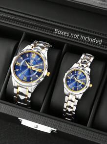 2 pièces/Set Montres de couple hommes femmes en acier inoxydable, Cadran et bracelet en alliage avec double affichage calendaire, marqueurs serti de strass, montre-bracelet à quartz, cadeau de la Saint-Valentin