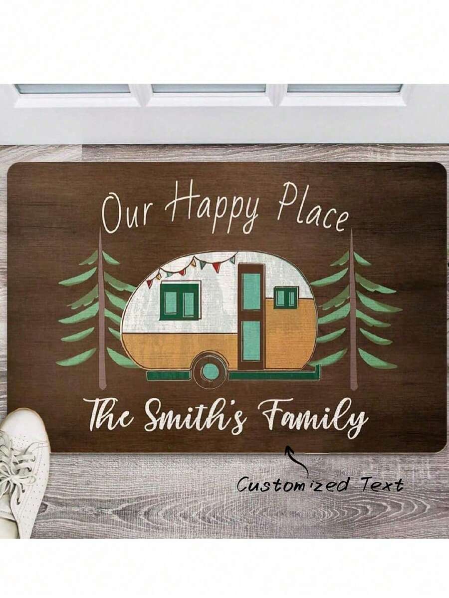 1pc Customized "Our Happy Place" Family Name Bathroom Mat, Customizable Text, Personalized Home Decor Carpet, Soft Absorbent Anti-Slip, Fashionable Customizable, Suitable For Bathroom, Entryway Or Living Room - Multicolor - View 1