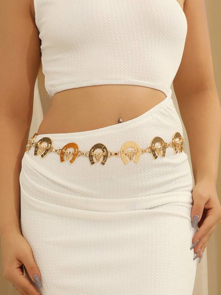 1 件女士金属西式牛头装饰链可调节腰带，日常休闲穿着的时尚配饰，也是送给朋友的精美礼物 - XY1149 - 查看 1