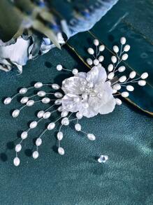1 件优雅树脂花朵串珠珍珠新娘发夹，女士发饰头饰适合婚礼派对 - 銀色 - 查看 6