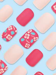 24 件短方形按压指甲法式简约花朵印花夏季假指甲，甜美清新假指甲，适合购物、旅游、度假