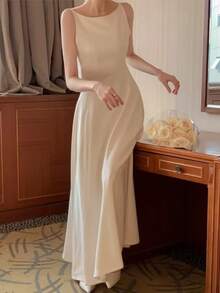 优雅细肩带香槟色婚礼宾客礼服春夏演唱会简约朴素晚会鸡尾酒会 - 杏色 - 查看 4