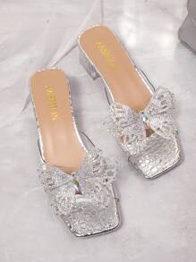 1 par de sandalias tipo slip-on de moda para adolescentes talla grande, con correa de PU de patrón de serpiente plateado, punta cuadrada, tacón grueso transparente de cristal, elegantes y lujosas sandalias de plataforma, aptas para uso casual, fiesta, viaje, primavera/verano