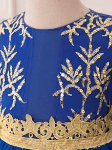Young Girls Long Sleeve Embroidered Metallic Ribbon & Mesh Elegant Princess Dress, Suitable For Banquet And Holiday Celebration, Fabric Pattern Randomly Cut, Headband Not Included - Royal Blue - View 5