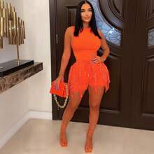 Summer Fashionable Casual Fitted Tank Top And Fringed Hem Skinny Shorts Set, Suitable For Music Festivals - Orange - View 2