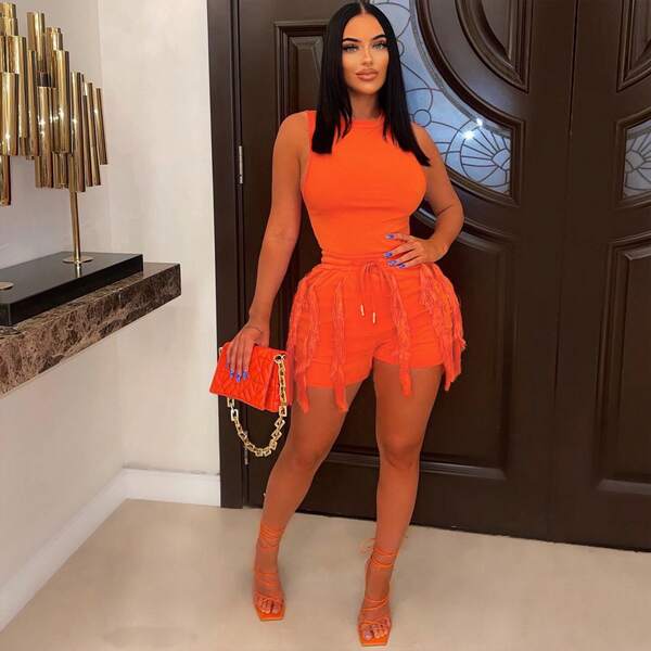 Summer Fashionable Casual Fitted Tank Top And Fringed Hem Skinny Shorts Set, Suitable For Music Festivals