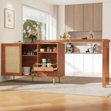 360° Rotating Bar Table (Main Body: 107 X 40 X 71.4 Cm), Brown Bar Table With Expandable Design, Storage Cabinet With Rattan Door + Open Storage Shelf, Suitable For Kitchen And Dining Room - Brown - View 1