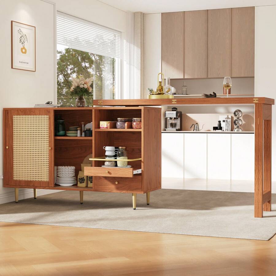 360° Rotating Bar Table (Main Body: 107 X 40 X 71.4 Cm), Brown Bar Table With Expandable Design, Storage Cabinet With Rattan Door + Open Storage Shelf, Suitable For Kitchen And Dining Room - Brown - View 1