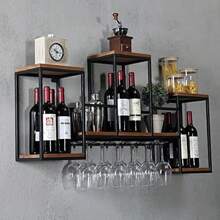 Wall Mounted Wine Rack Wine Racks Free Standing With 6 Stemware Glass Holders Solid Wood Bottle Rack For Kitchen Dining Room 106cm*20cm*55cm - as pic - View 1