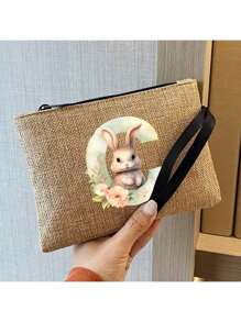 1pc Khaki Linen Makeup Bag With Letters And Rabbits Printed On It, Rabbit Print Fashionable Wreath Letter Pattern,Coin Wallet, Makeup Bag, Ladies' Birthday Gift, Teacher's Thank You Gift - Khaki - View 4