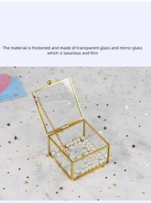 1PC Glass Jewellery Box Clear Trinket Box Vanity Rings Earrings Box Organizer Display Case Decorative Keepsake Box With Lid For Home Wedding Birthday Gift (Gold)-(Chain Style Is Random) Back To School
