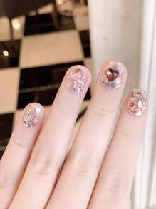 10 件/套粉色闪光心形水钻装饰假指甲，手工制作可重复使用短款可爱女孩假指甲