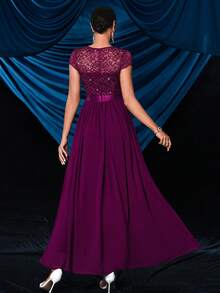 MIUSOL 优雅亮片花卉蕾丝撞色荷叶边雪纺晚宴派对长裙 - 紫紅色 - 查看 3