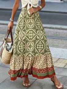 Falda holgada de línea A para mujer, falda larga con estampado floral y volantes en el bajo, casual y elegante, adecuada para uso diario, vacaciones, viajes y actividades al aire libre